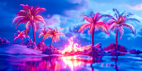 Neon Paradise: A mesmerizing beach scene at dusk, bathed in vibrant neon hues, with glowing palm trees and a crackling bonfire reflecting in the tranquil water.   