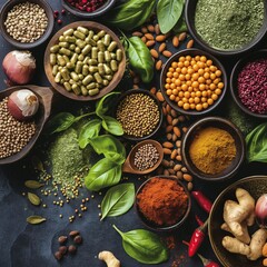 Variety of spices. Assorted different types of beans and cereal grains. Set of indispensable sources of protein for a healthy lifestyle. Quality food