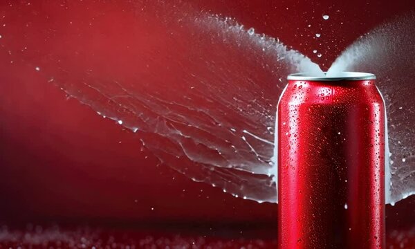A cold red soda can bursting open with fizzy spray on a red background, depicting a refreshing moment