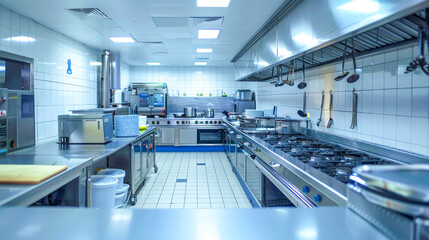 Professional Kitchen Interior: Sleek, modern, and well-equipped, this spacious commercial kitchen is designed for efficiency and culinary excellence. Stainless steel appliances, ample counter space, a