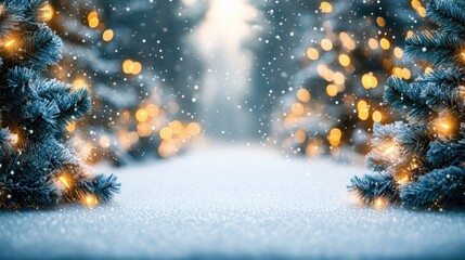 Snow-covered Christmas trees with lights and garlands forming a light blue frame on a white background with a central text area and a bright bokeh effect