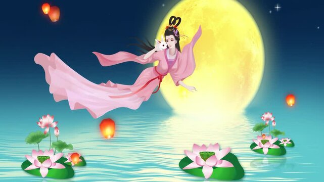 Water town festive Mid autumn festival animation background with traditional oriental red lanterns, lotus flowers, mooncakes on full moon sky