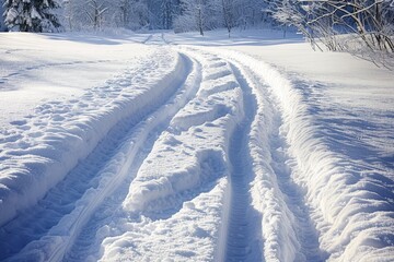 Sleigh tracks cut through fresh snow on a road in a dense forest, Sleigh tracks cutting through a fresh blanket of snow