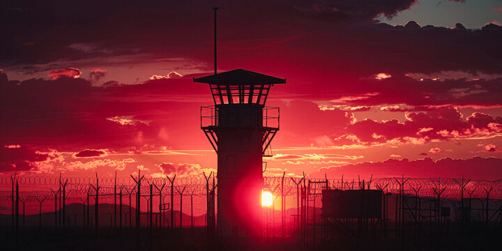 Crimson Sunset Over Confinement: A lone watchtower stands silhouetted against a fiery red sky, casting a long shadow over the barbed wire fence below.  - Powered by Adobe