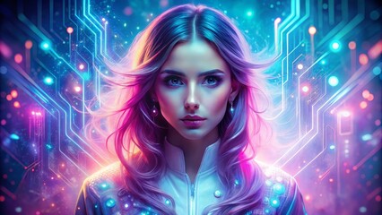 Fototapeta premium Ethereal fusion portrait featuring strong female gaming personality surrounded by glowing circuitry, neon lights, and misty atmosphere, blending futuristic
