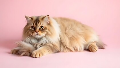Cute Fluffy Cat Lying on Pink Background