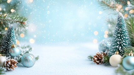Fototapeta premium Festive Christmas Tree Border on White Background with Snow, Decorations, Light Blue Frame, Bokeh Effect, and Copy Space