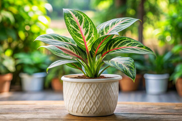 Obraz premium Aglaonema Eileen Green And White Striped Plant In White Pot On Wooden Table