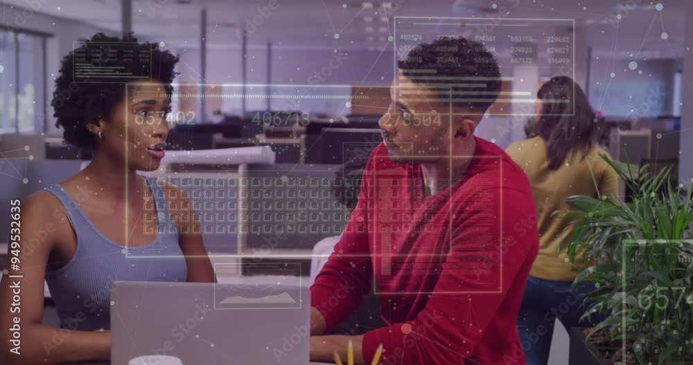 Poster data processing animation over diverse coworkers discussing project in modern office