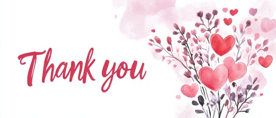 "Thank You" Watercolor Text with Heart Bouquet on the Right, Pink and Red Colors on White Background