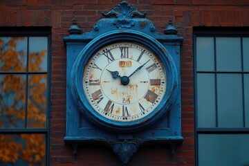 Fototapeta premium Old clock showing time passing on brick wall