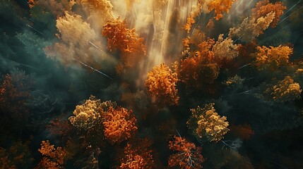 Fototapeta premium Autumn forest aerial view drone photography.