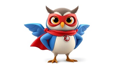 Obraz premium Cute Cartoon Owl Superhero Character with Cape and Mask