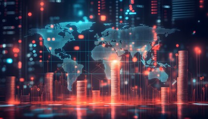 Fototapeta premium Global Finance Growth with Stacked Coins and World Map