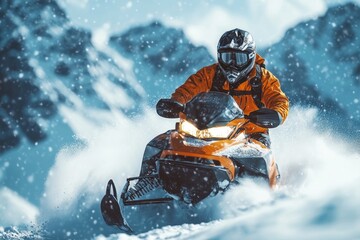 Snowmobile driver racing through deep snow in forest