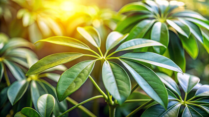 Obraz premium Close up of umbrella plant leaf tropical Green Leaf Texture, Nature Background, Green Foliage