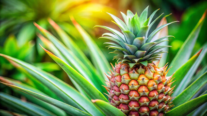 Fototapeta premium Closeup Of A Pineapple Growing On A Plant With Green Leaves.