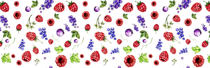 Seamless Pattern Black Currant, Raspberries Watercolor Illustration Isolated on White Background. For Cards, Invitations, Packaging, Stationery, Textiles