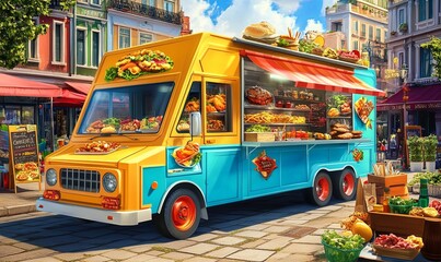 A colorful food truck with a red and yellow sign advertising its menu