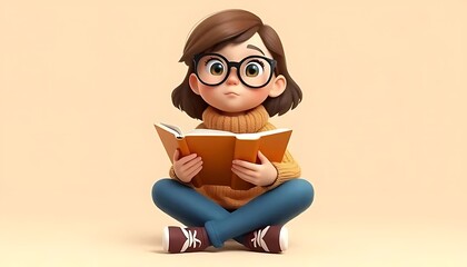 Cute Cartoon Girl Reading a Book