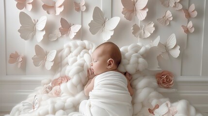 A newborn baby in a white decor with soft pink butterflies. top view. Generative AI.