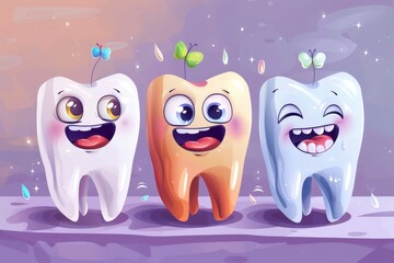 Obraz premium Three animated toothbrushes with eyes and mouths smiling happily, Smiling cartoon tooth characters