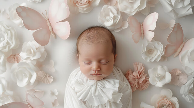 A newborn baby in a white decor with soft pink butterflies. top view. Generative AI. - Powered by Adobe