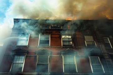 A fire engulfs an apartment building, with smoke billowing from windows as the fire spreads rapidly, Smoke billowing from windows as fire spreads