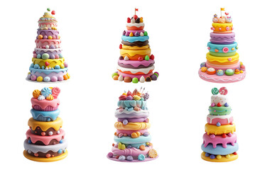 Colorful stacked donut towers in various sizes isolated on transparent background