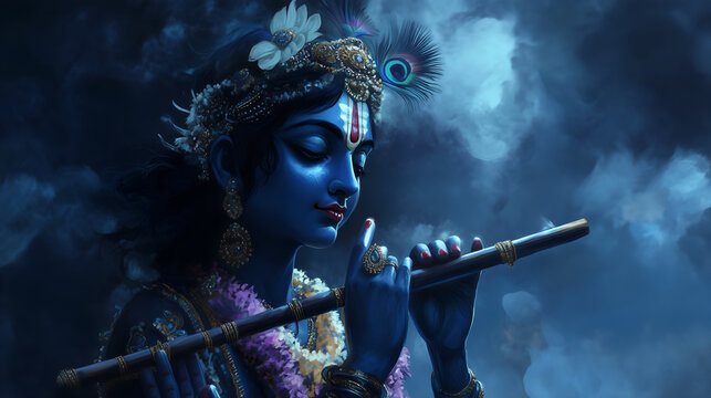 Lord Krishna playing a flute, adorned in traditional attire and jewelry.