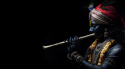 Lord Krishna playing a flute, adorned in traditional attire and jewelry.
