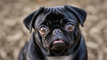 A black pug with a black nose and big eyes looks pitifully at a man