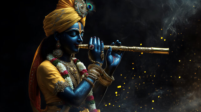 Lord Krishna playing a flute, adorned in traditional attire and jewelry.