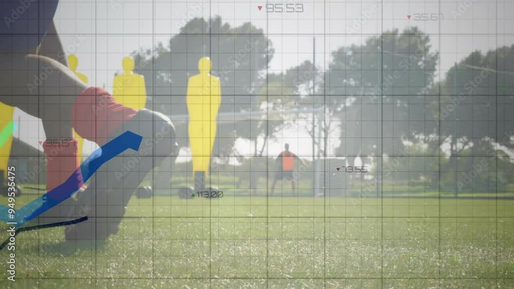 Aufkleber graph and data points animation over soccer player practicing on field