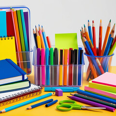 Fototapeta premium Colorful and Organized Still Life of School Supplies stationery items pencils colors notebooks calender display