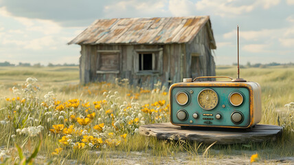 A retro radio placed near a hut in a green field at beautiful morning