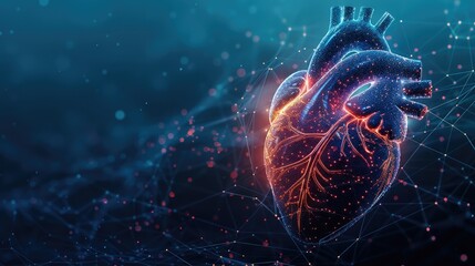 Abstract digital human heart with holographic elements on a blue background, a technology and medicine concept. Digital data visualization of the healthy organ. Generative AI.