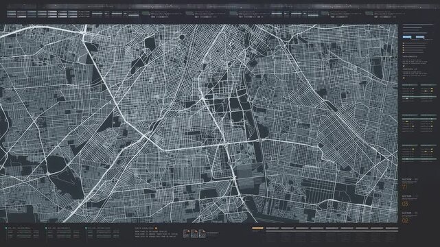 Futuristic HUD satellite view of traffic surveillance on a busy expressway junctions tracking and monitoring highway traffic for possible target vehicle
