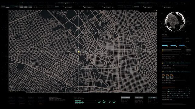 Futuristic HUD satellite view of traffic surveillance on a busy expressway junctions tracking and monitoring highway traffic for possible target vehicle