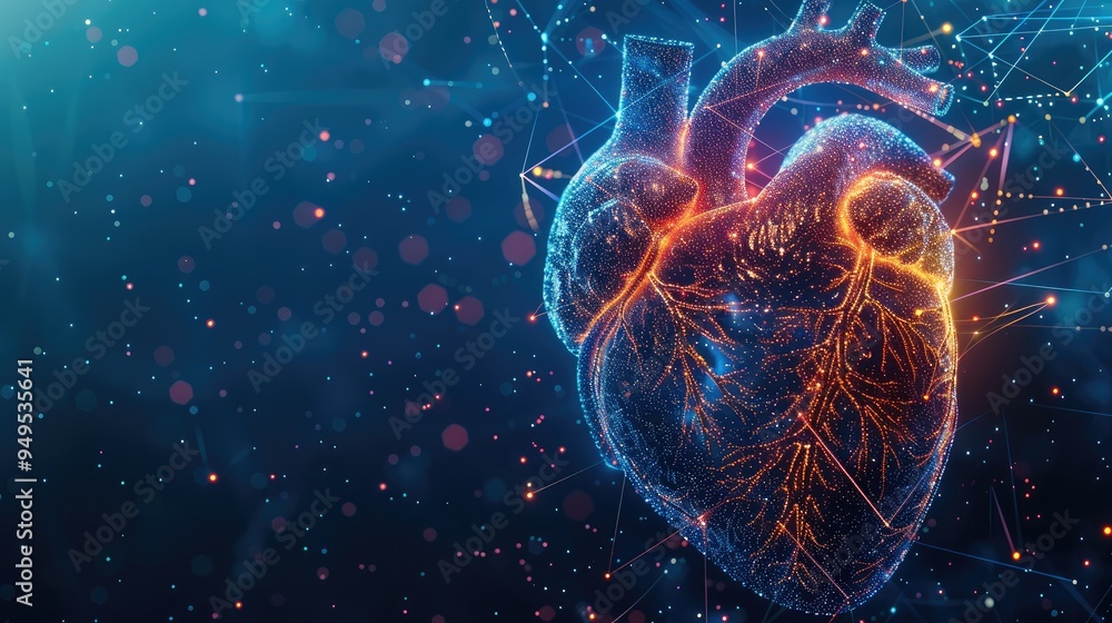 Poster abstract digital human heart with holographic elements on a blue background, a technology and medici