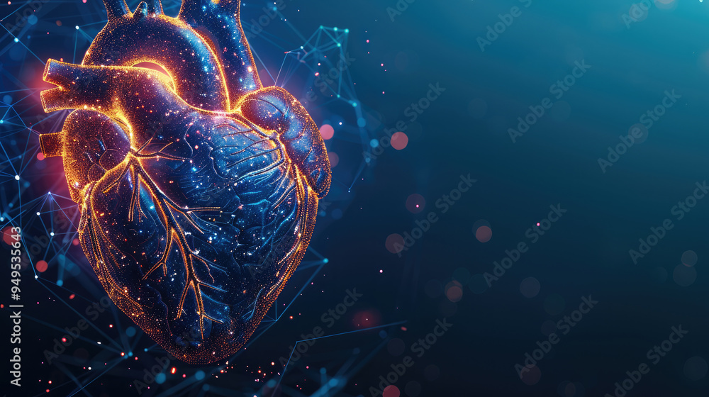 Poster abstract digital human heart with holographic elements on a blue background, a technology and medici