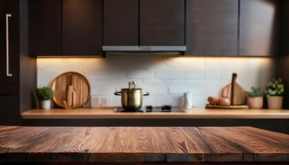 Wooden table background of free space for your decoration and blurred background of kitchen. Generated image