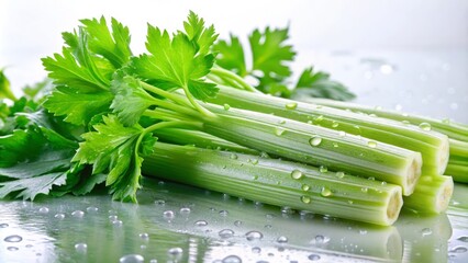 Fresh green celery stalks with delicate leaves and subtle water droplets on a crisp white background, evoking simplicity, serenity, and freshness in a bright and airy atmosphere.