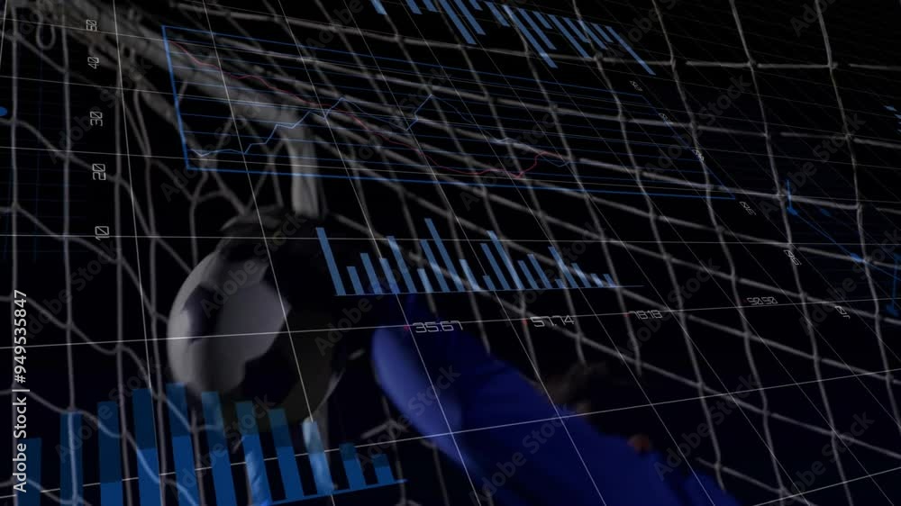 Poster Graph and chart animation over soccer player catching ball in net
