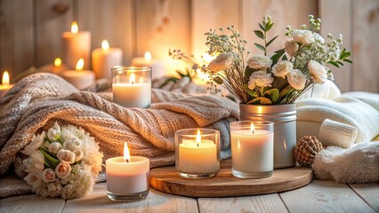 Cozy home candle display with calming ambiance in a serene setting, featuring candles, flowers, and a soft blanket for relaxation