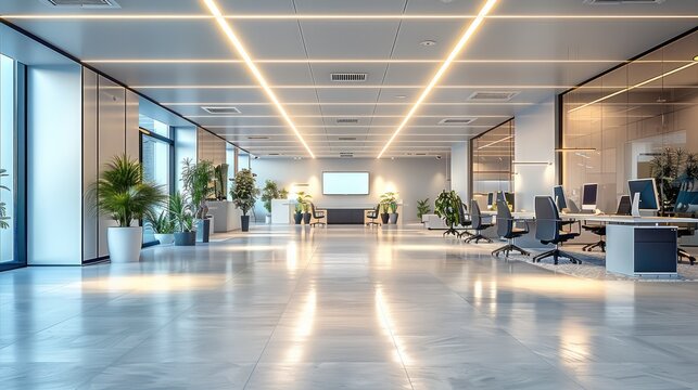 A smart lighting system automatically adjusting to the environment in a modern office. Generative AI.