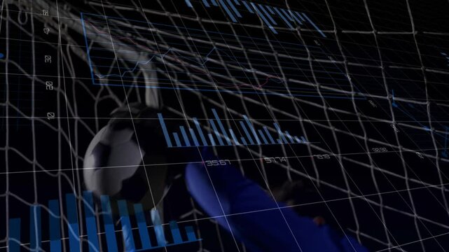 Graph and chart animation over soccer player catching ball in net