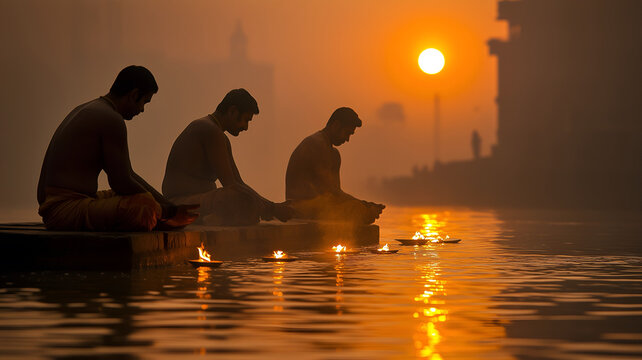 Three Hindu men are conducting a ritual at the riverbank during Pitru Paksha