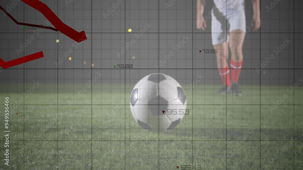 Poster soccer ball on field with data analysis animation over player in background