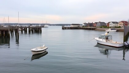 Fototapeta premium Calm Harbor with Boats Docks and Houses